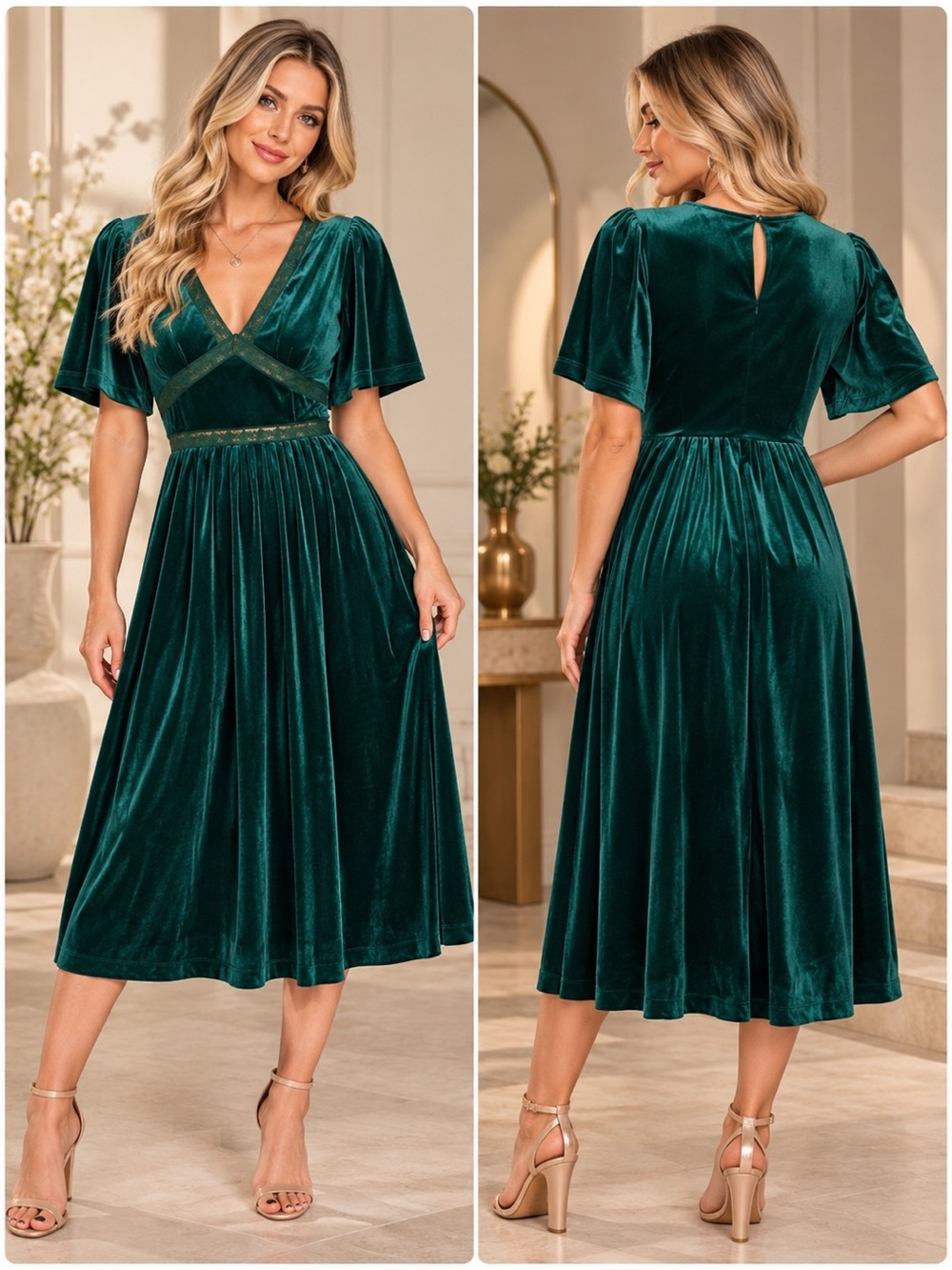 Green Velvet V Neck Lace Midi Dress